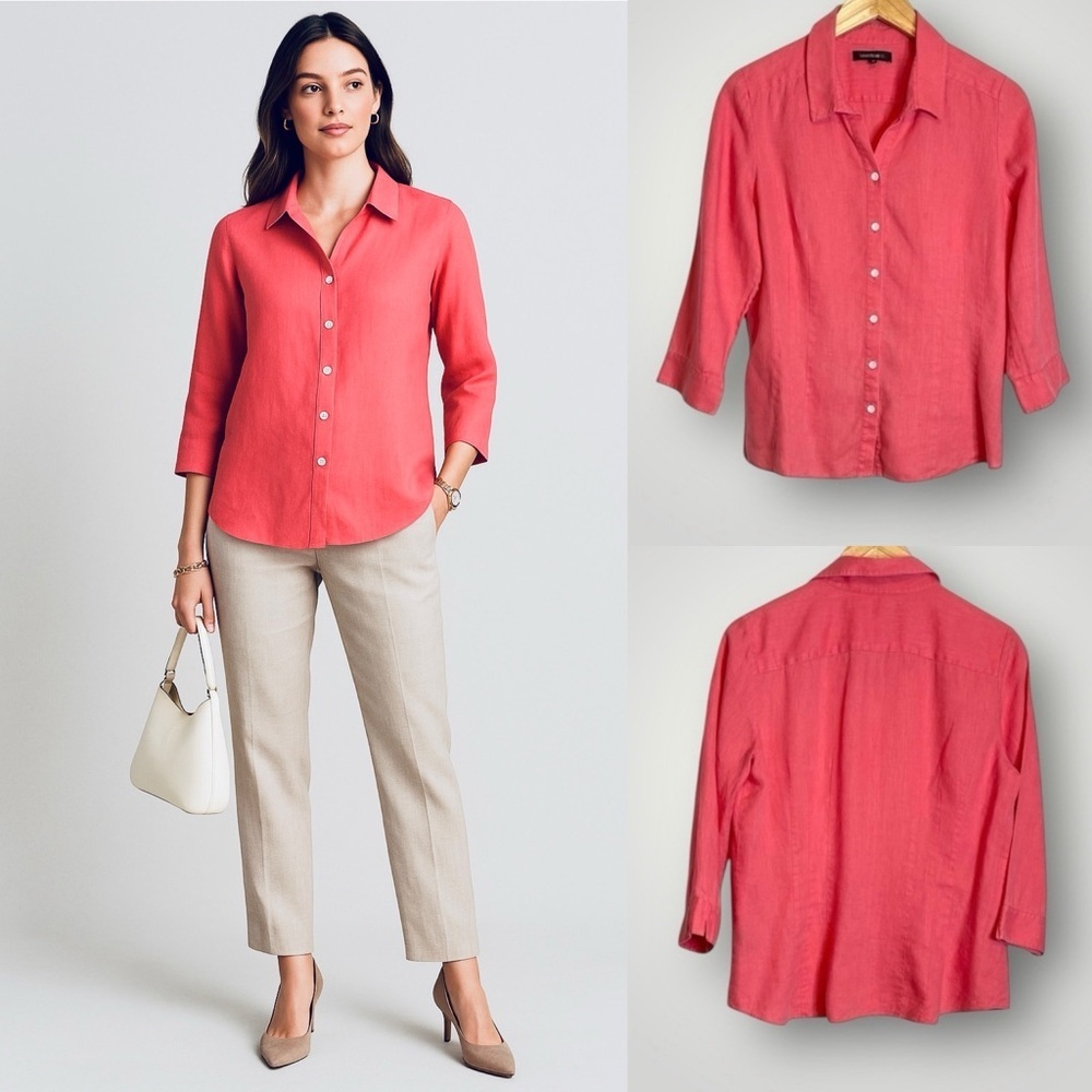 Lafayette 148 Button Front Blouse Size 10 Pink 3/4 Sleeve Top 100% Linen